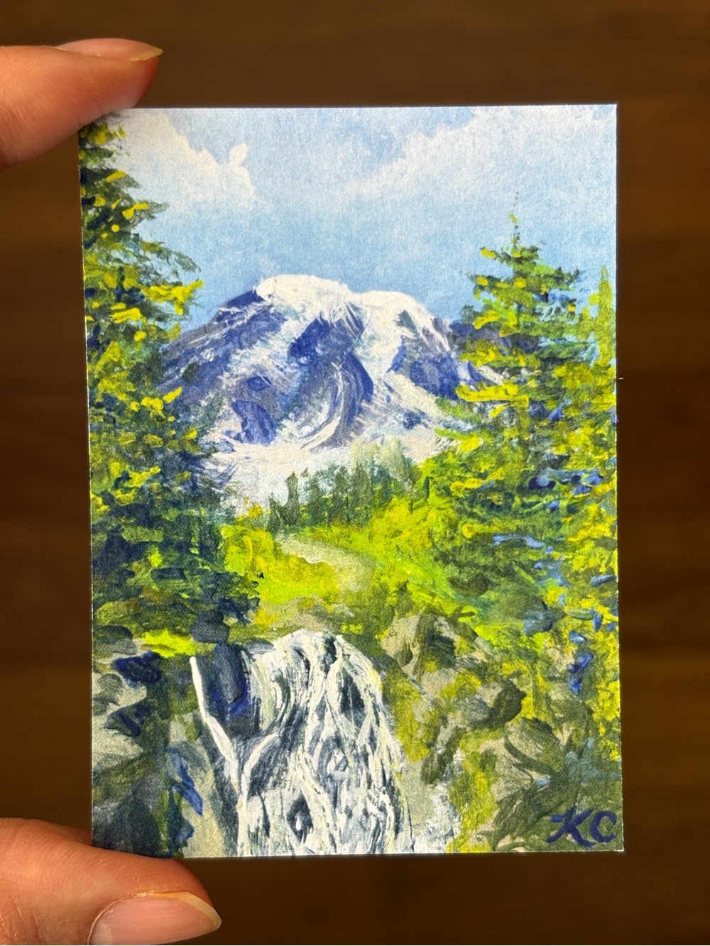 ACEO PRINT of Original Painting Rainier Mountain Falls Landscape -PaperTrailbyKC